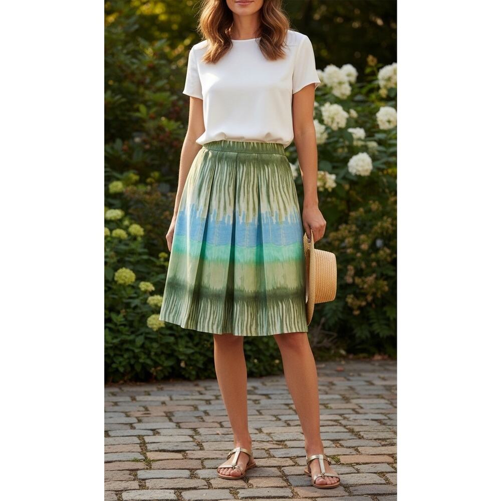 NWT Bandolino Size 12 Silk Skirt Green Blue Watercolor Abstract Pleated Side Zip